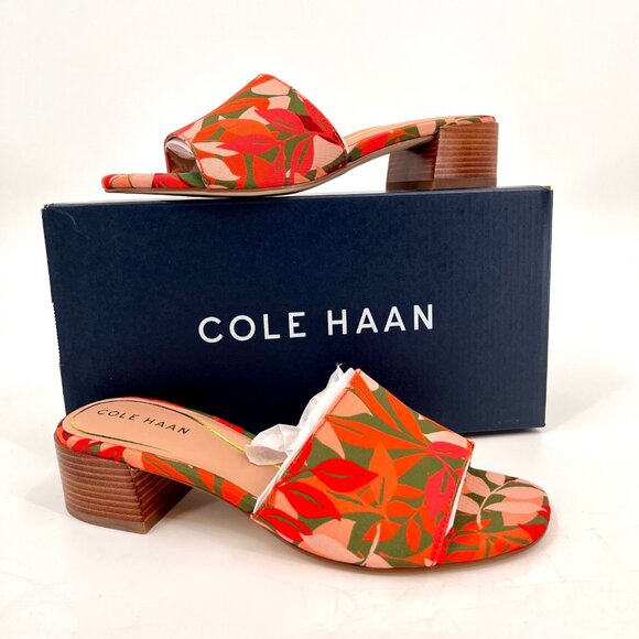 Cole Haan Calli Single Band Slide Sandal Size 7B Multi Leaf Print Fabric Leather - Picture 1 of 14